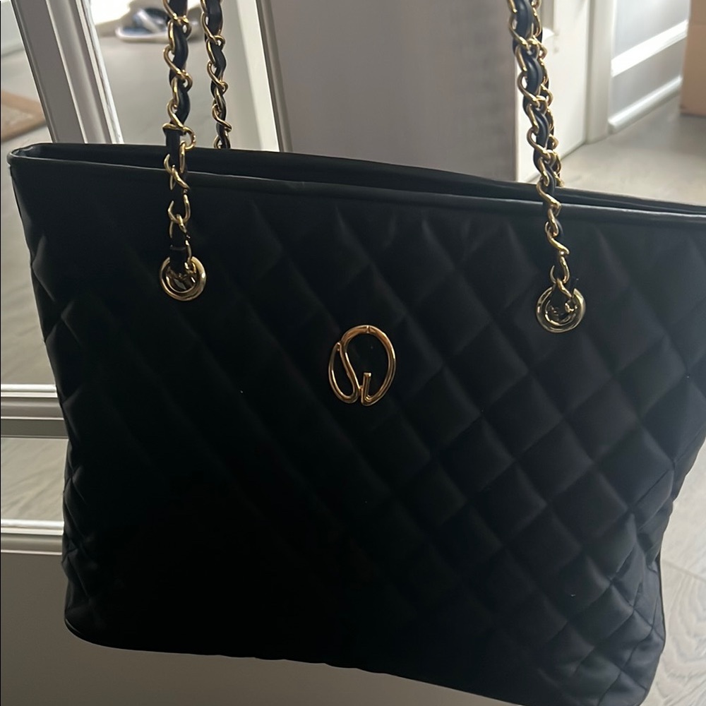 St. John Black and Gold Quilted Shoulder Bag